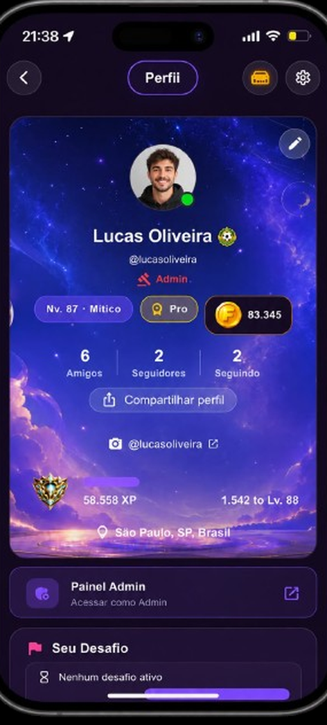 Perfil FitLevel com nível, XP e progresso