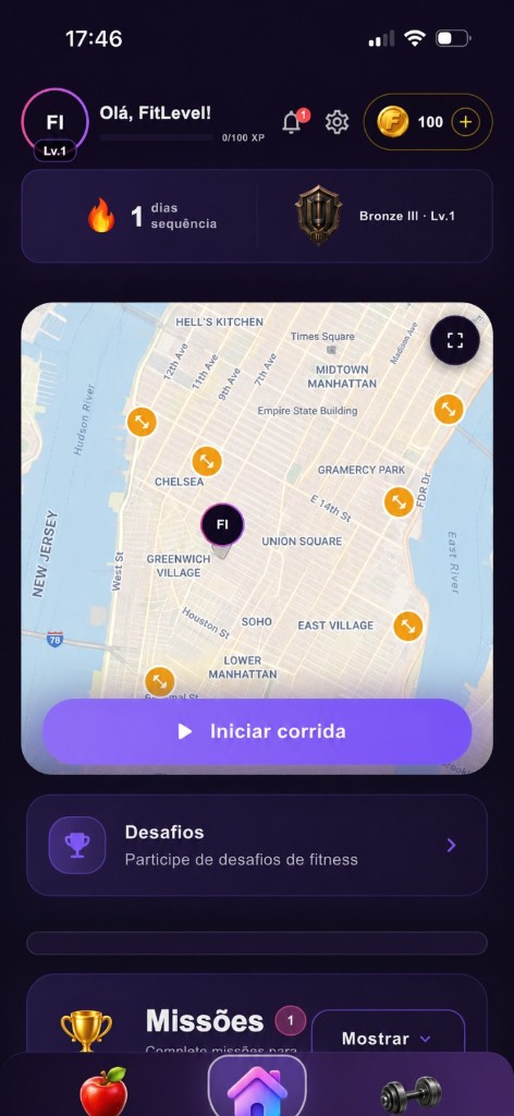 Tela do FitLevel — Corrida com GPS
