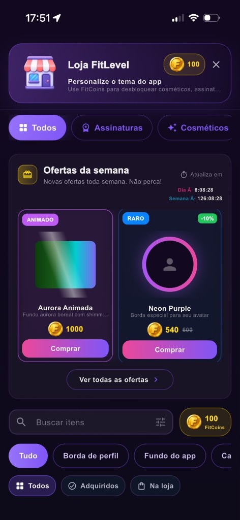 Tela do FitLevel — Gamificação